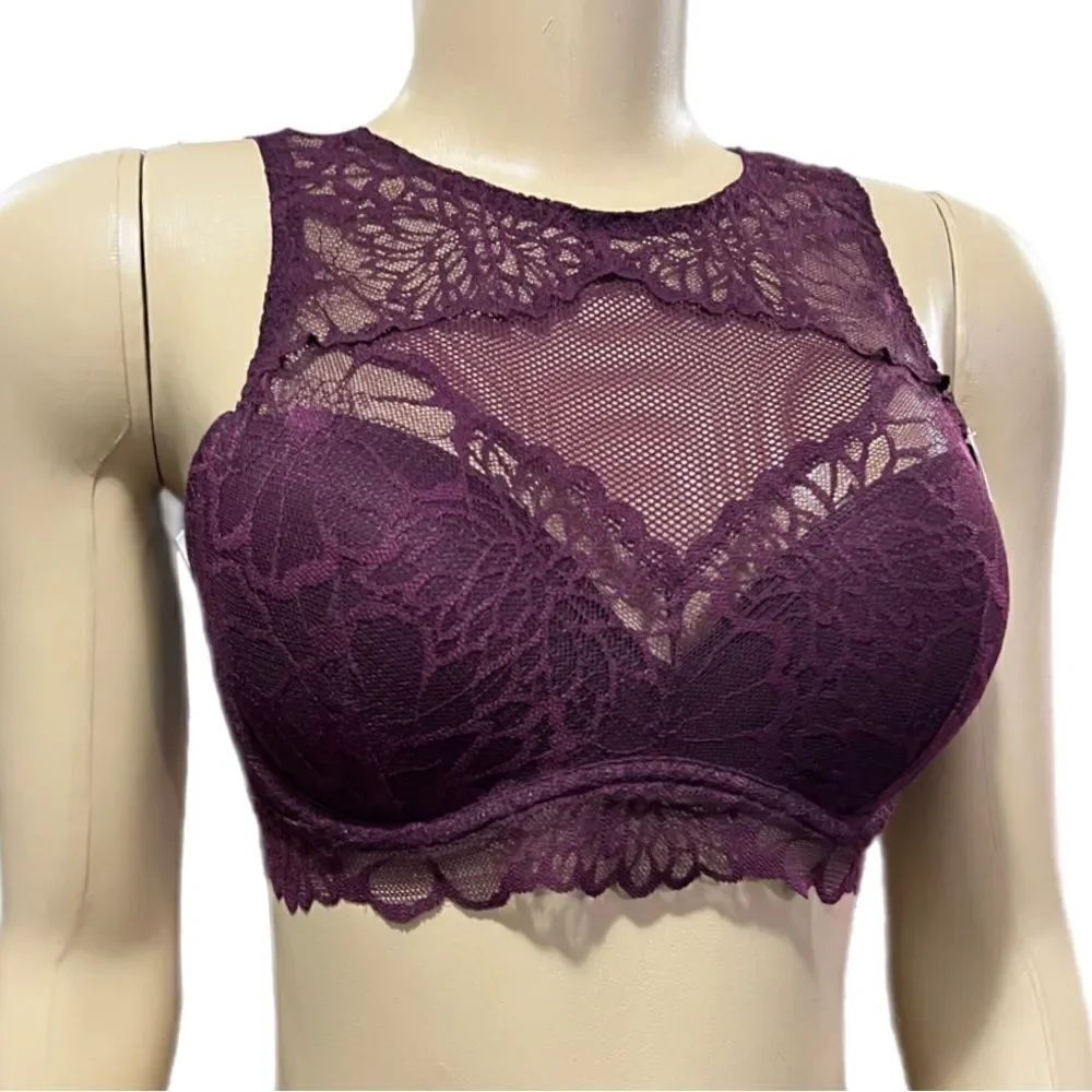 Victorias Secret Pink Push Up Padded High Neck Mesh Lace underwire bralette wine